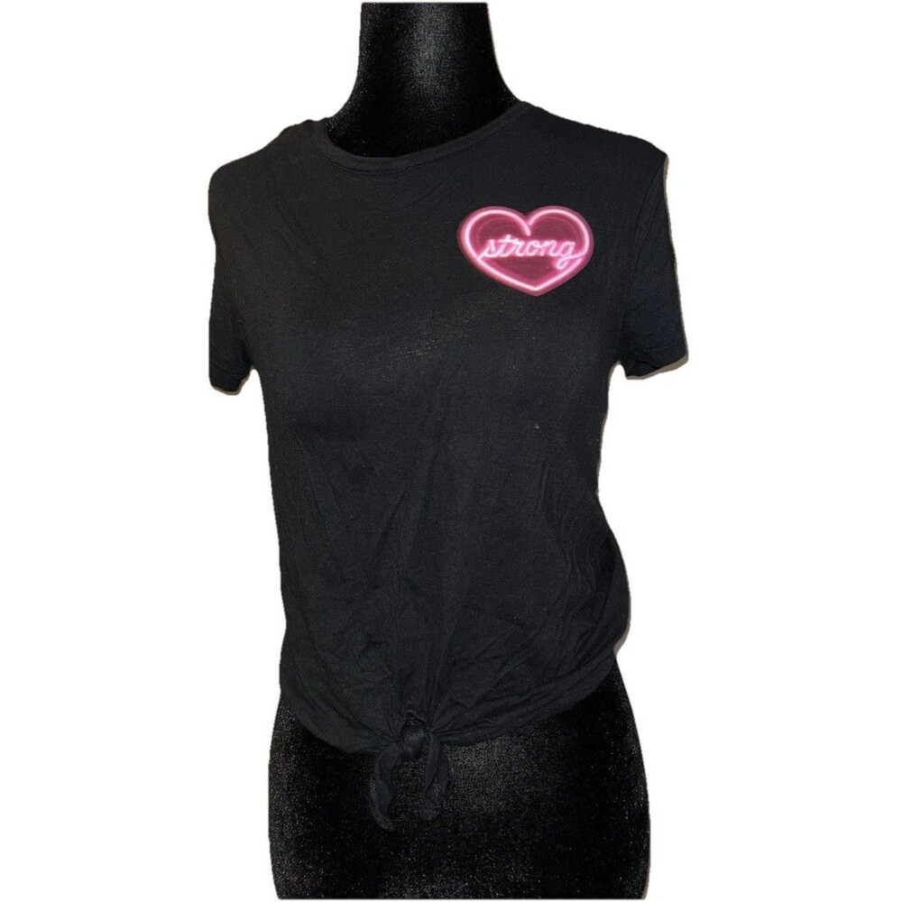 Old Navy Medium (8)  Black Crop Top “Strong”Pink & White Heart Design T-Shirt